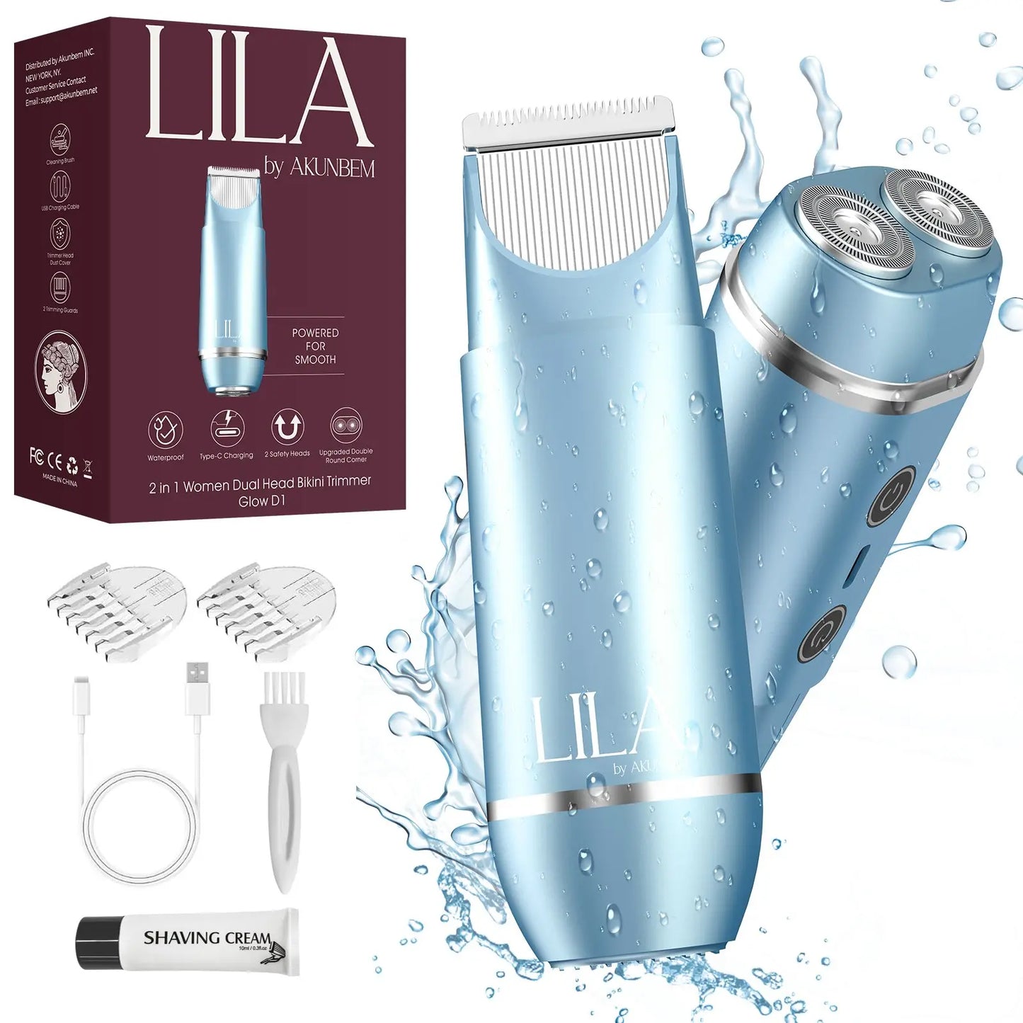 Akunbem 2 in 1 Women'S Electric Shaver Dual Head Bikini Trimmer IPX7 Waterproof Wet Dry Use Body Hair Trimmer Facial Hair Remover for Bikini Underarm Leg Arm Body Face