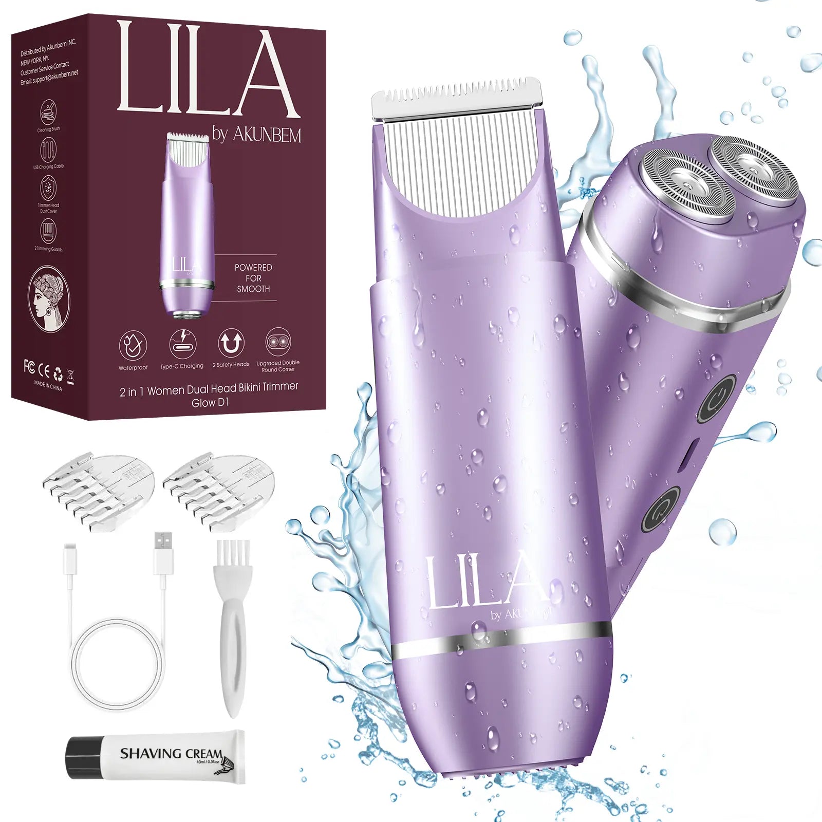 Akunbem 2 in 1 Women'S Electric Shaver Dual Head Bikini Trimmer IPX7 Waterproof Wet Dry Use Body Hair Trimmer Facial Hair Remover for Bikini Underarm Leg Arm Body Face