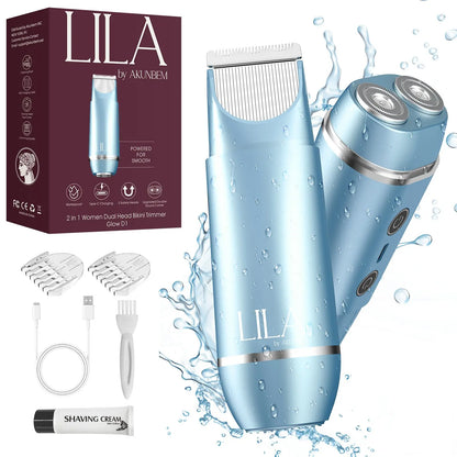 Akunbem 2 in 1 Women'S Electric Shaver Dual Head Bikini Trimmer IPX7 Waterproof Wet Dry Use Body Hair Trimmer Facial Hair Remover for Bikini Underarm Leg Arm Body Face