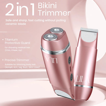 Akunbem 2 in 1 Women'S Electric Shaver Dual Head Bikini Trimmer IPX7 Waterproof Wet Dry Use Body Hair Trimmer Facial Hair Remover for Bikini Underarm Leg Arm Body Face